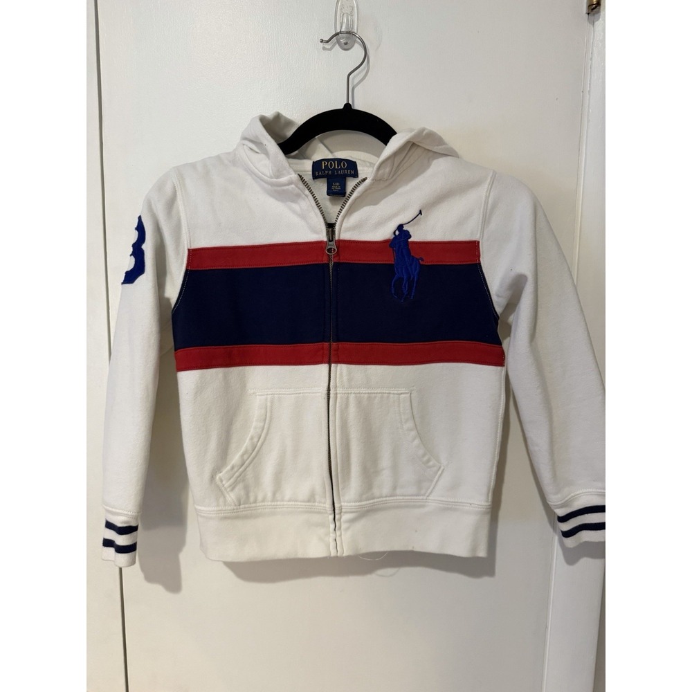 POLO Ralph Lauren Kids Small 8 White Red Navy Blue Big Pony Hoodie Zip Up
